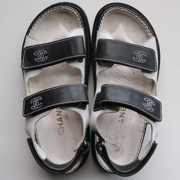 Chanel Leather Velcro CC Logo Platform Dad Sandals 90's Y2K Minimalist Designer - Picture 9 of 16